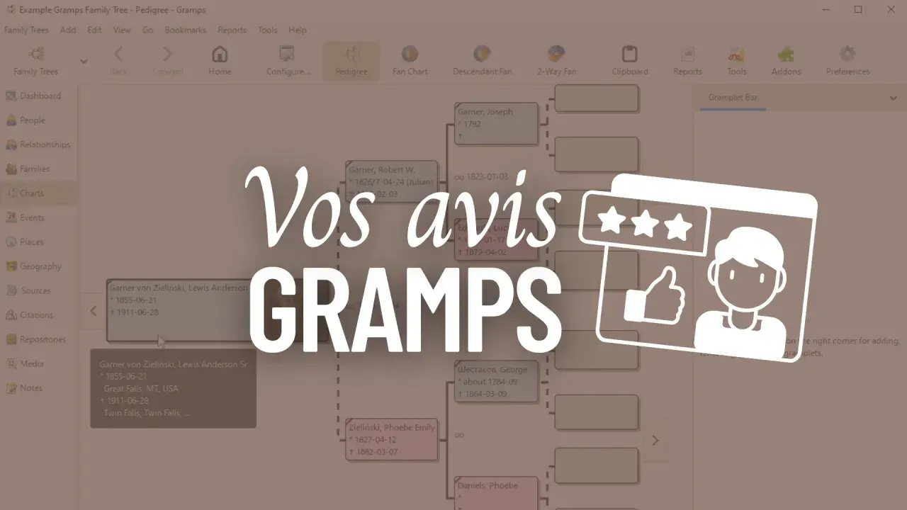 Vos avis sur Gramps, le logiciel de généalogie. L'arbre généalogique est affiché, montrant des noms et des dates.