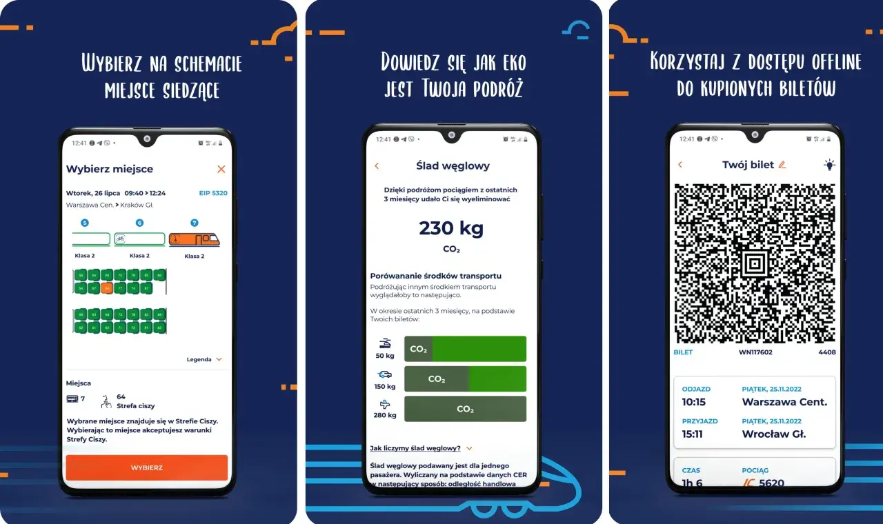 Aplikacja mobilna ic mobile navigator pokazuje wybór miejsc, ślad węglowy podróży i bilet offline.