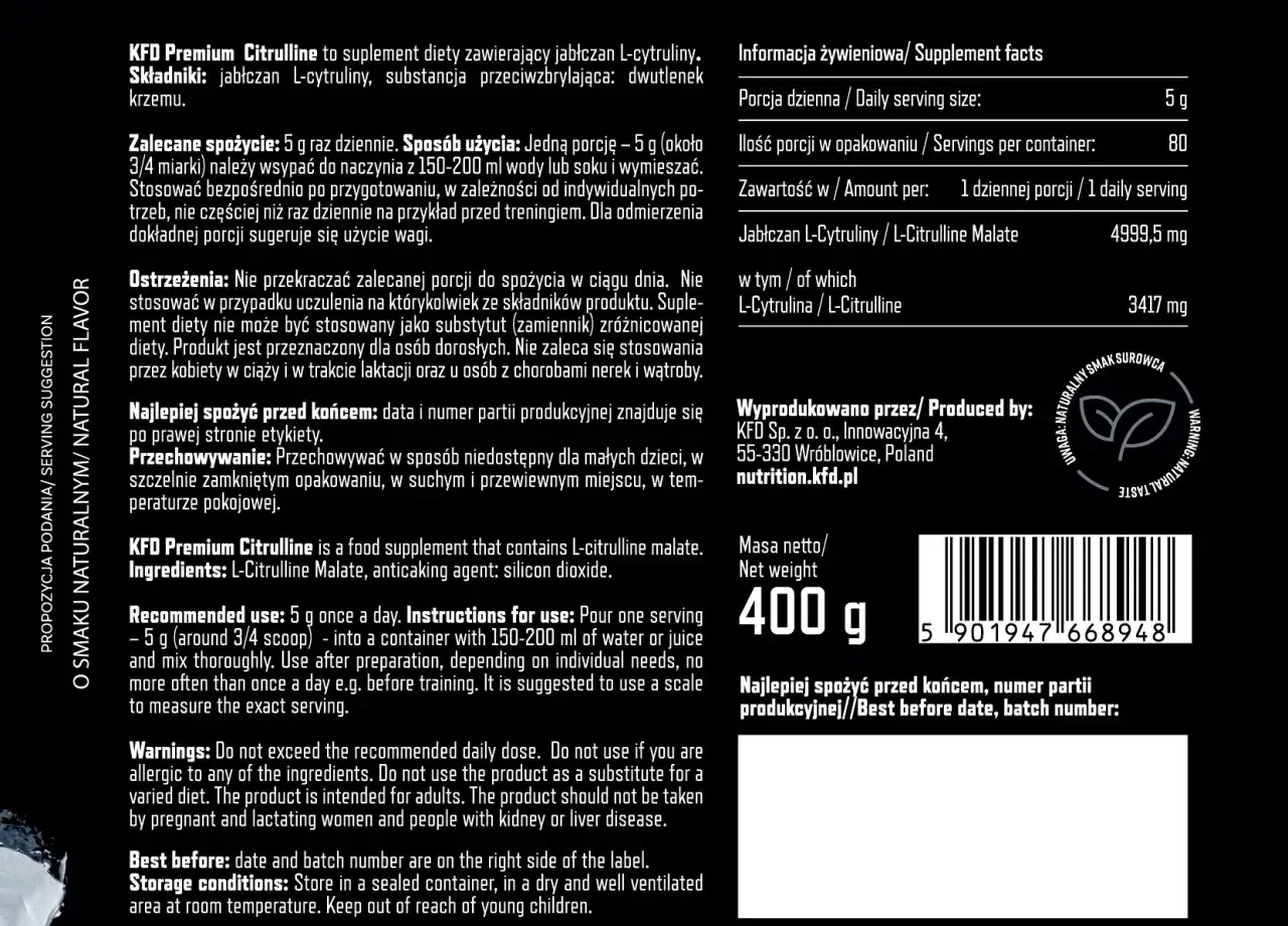 Suplement diety KFD Premium Citrulline zawiera jabłczan L-cytruliny. Od lat stosowany w sporcie, wspiera wydolność.