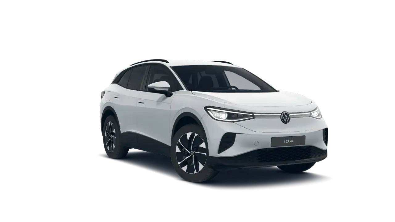 Biały Volkswagen ID.4 z nowoczesnymi światłami LED i charakterystycznym grillem.