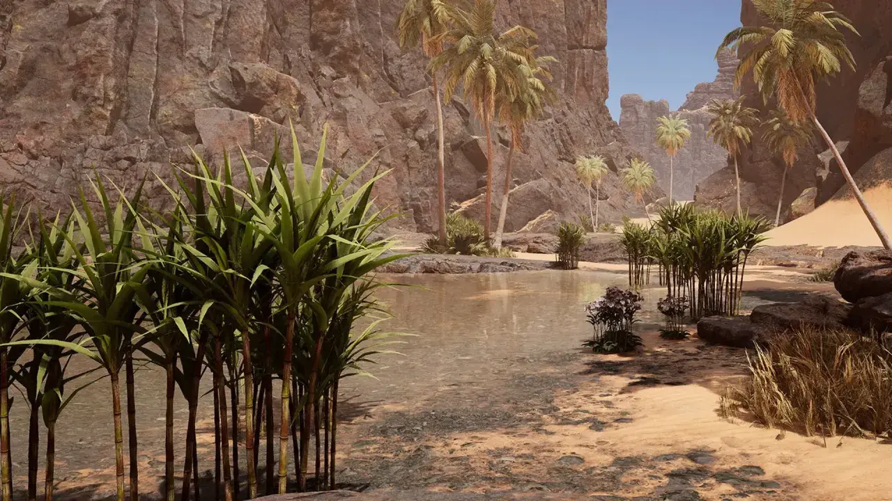 Eine Oase in einer Wüstenlandschaft, wie im Icarus Game. Palmen und üppige Vegetation umgeben einen kleinen See vor steilen Felsen.