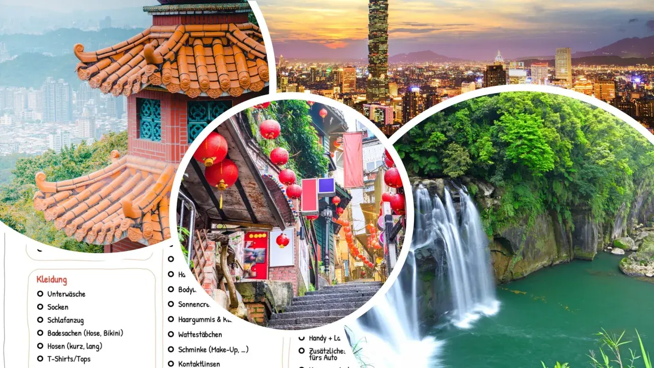 Taiwan Reisetipps: Ein traditioneller Tempel, eine belebte Gasse mit roten Laternen und ein rauschender Wasserfall. Packen Sie Kleidung, Sonnencreme und mehr ein!