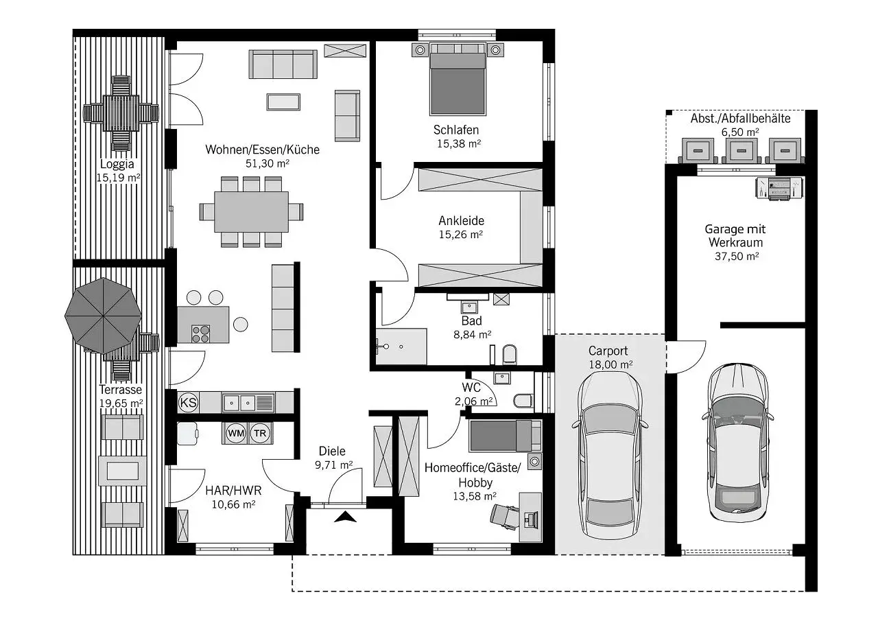Grundriss eines 3 Zimmer Bungalows mit großzügigem Wohn-/Ess-/Küchenbereich, Schlafzimmer, Ankleide, Bad, WC, Diele, HAR/HWR, Terrasse, Loggia, Carport und Garage.