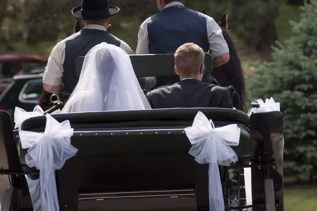 Carrozza nuziale con sposa e sposo. Un amore che nasce, forse innamorarsi di un uomo sposato, ma oggi è il loro giorno.