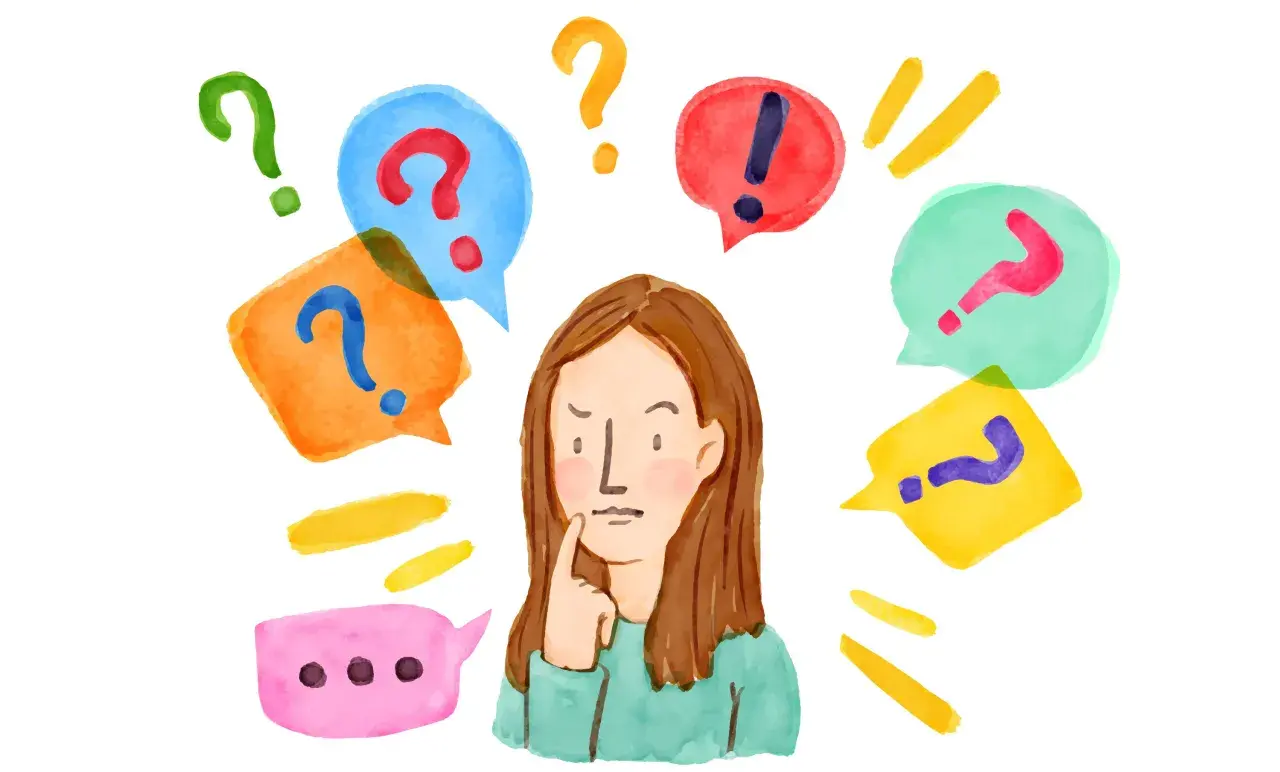 Een meisje denkt na, omringd door vraagtekens en uitroeptekens. Ze zoekt antwoorden, een proces dat bij omgaan met hooggevoeligheid soms lastig kan zijn.