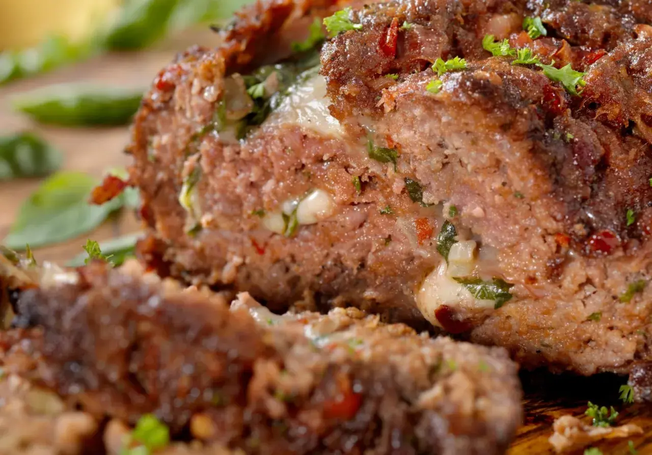 Un succulento polpettone ripieno, con formaggio filante e erbe aromatiche, pronto per essere gustato.