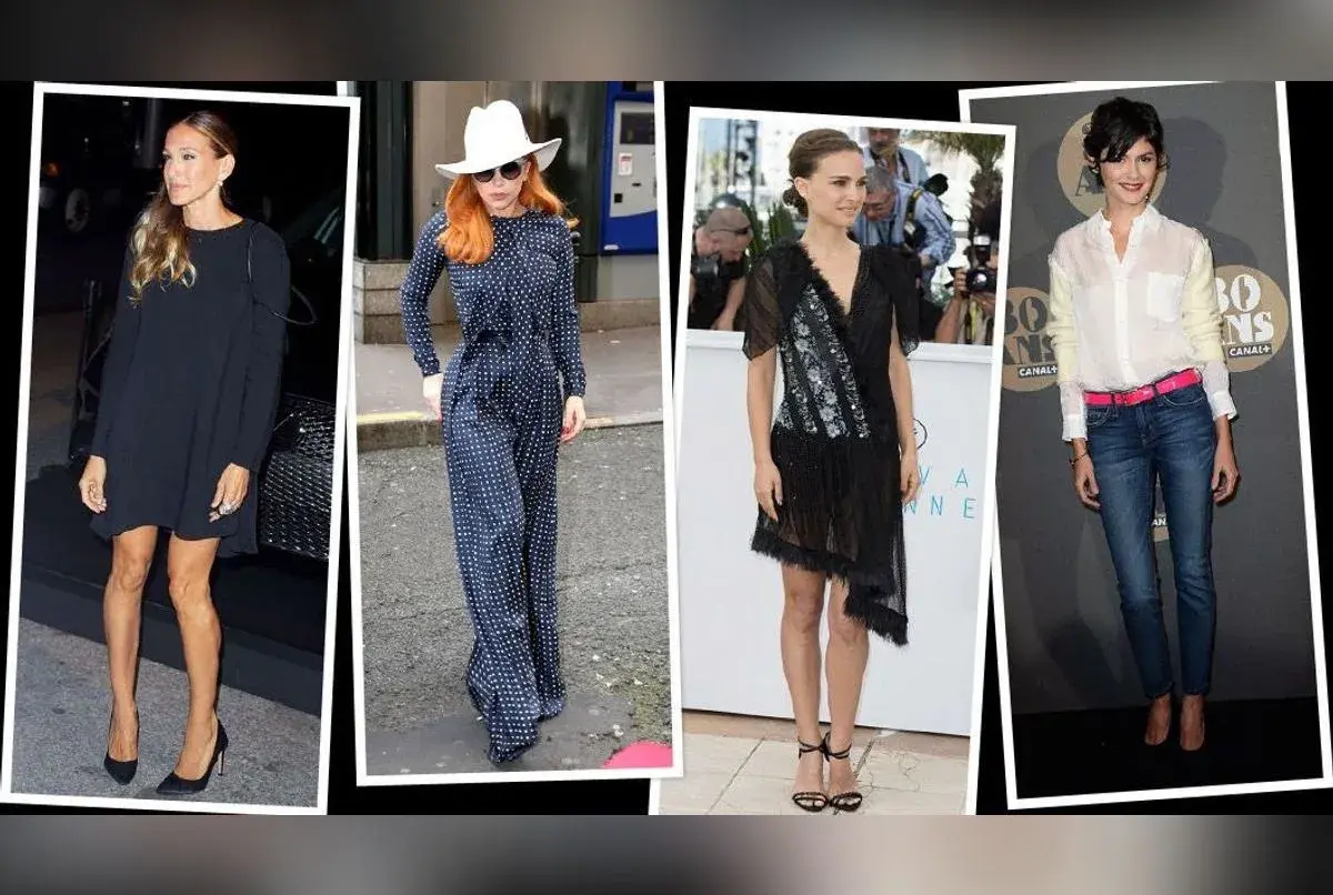 Quatre femmes célèbres montrent comment s'habiller quand on est petite : robe noire, combinaison à pois, robe asymétrique, chemise et jean.
