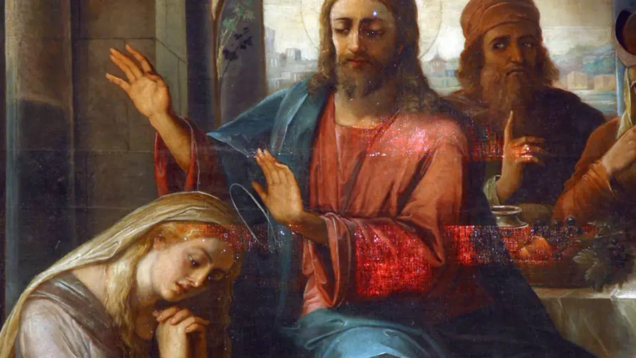 Maria Magdalena, u stóp Jezusa, symbolizuje oddanie i wiarę. Obraz ukazuje jej pokorę i miłość.