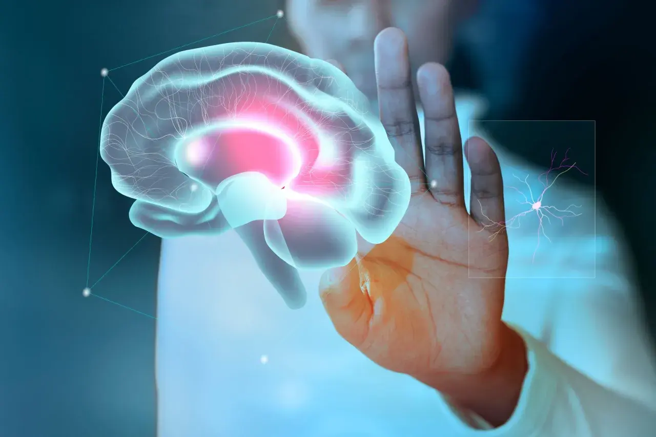 Dłoń dotyka wirtualnego mózgu, sugerując diagnostykę i zapalenie opon mózgowych leczenie. Obok neuron.
