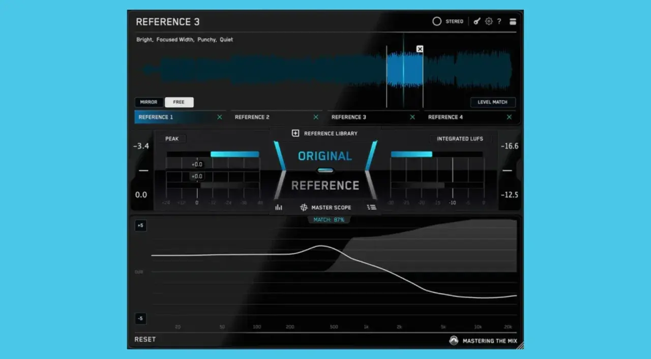 Audio mastering software interface showing the "Reference 3" plugin with waveform, meters, and frequency graph.