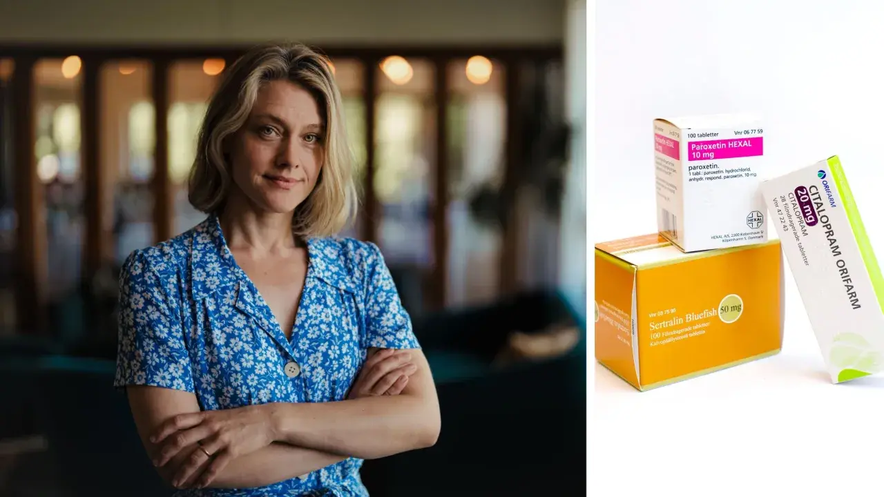 Kvinna i blå blommig klänning bredvid lådor med antidepressiva mediciner som sertralin och paroxetin, alternativ till Brintellix SSRI.