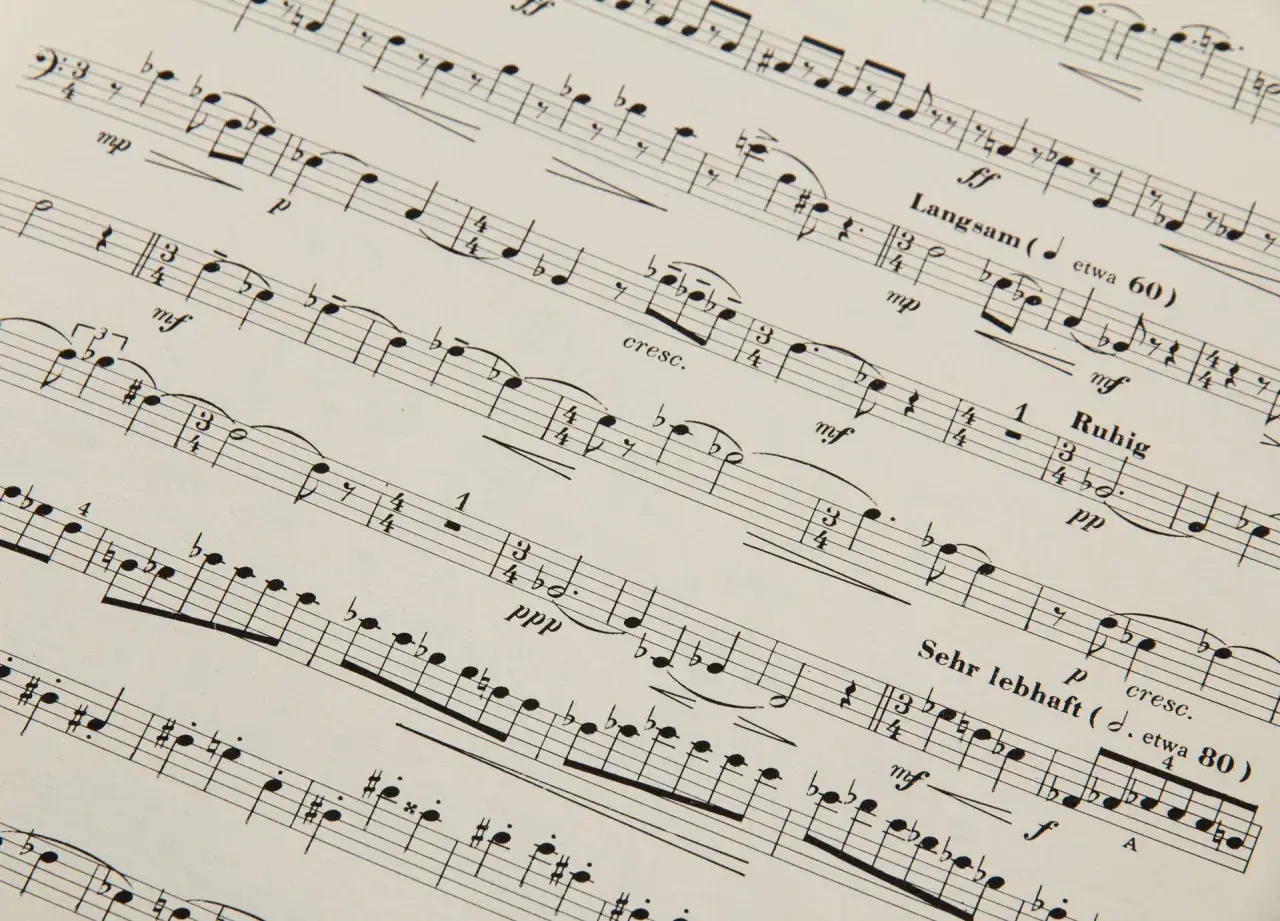 Partytura muzyczna z oznaczeniami tempa, np. "Langsam (etwa 60)" i "Sehr lebhaft (etwa 80)", sugerującymi tempo umiarkowane w muzyce.