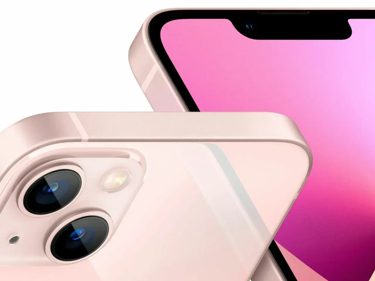 Różowy iPhone 13 premiera. Dwa obiektywy aparatu i ekran z notchem.