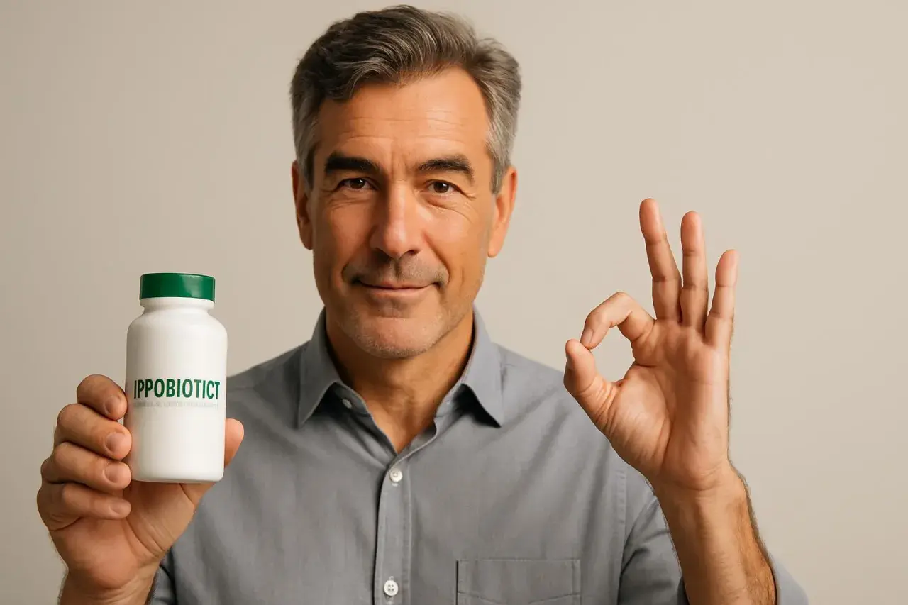 Uomo sorridente mostra un flacone di integratore con Lactobacillus helveticus R0052 e Bifidobacterium longum R0175, facendo il segno OK.