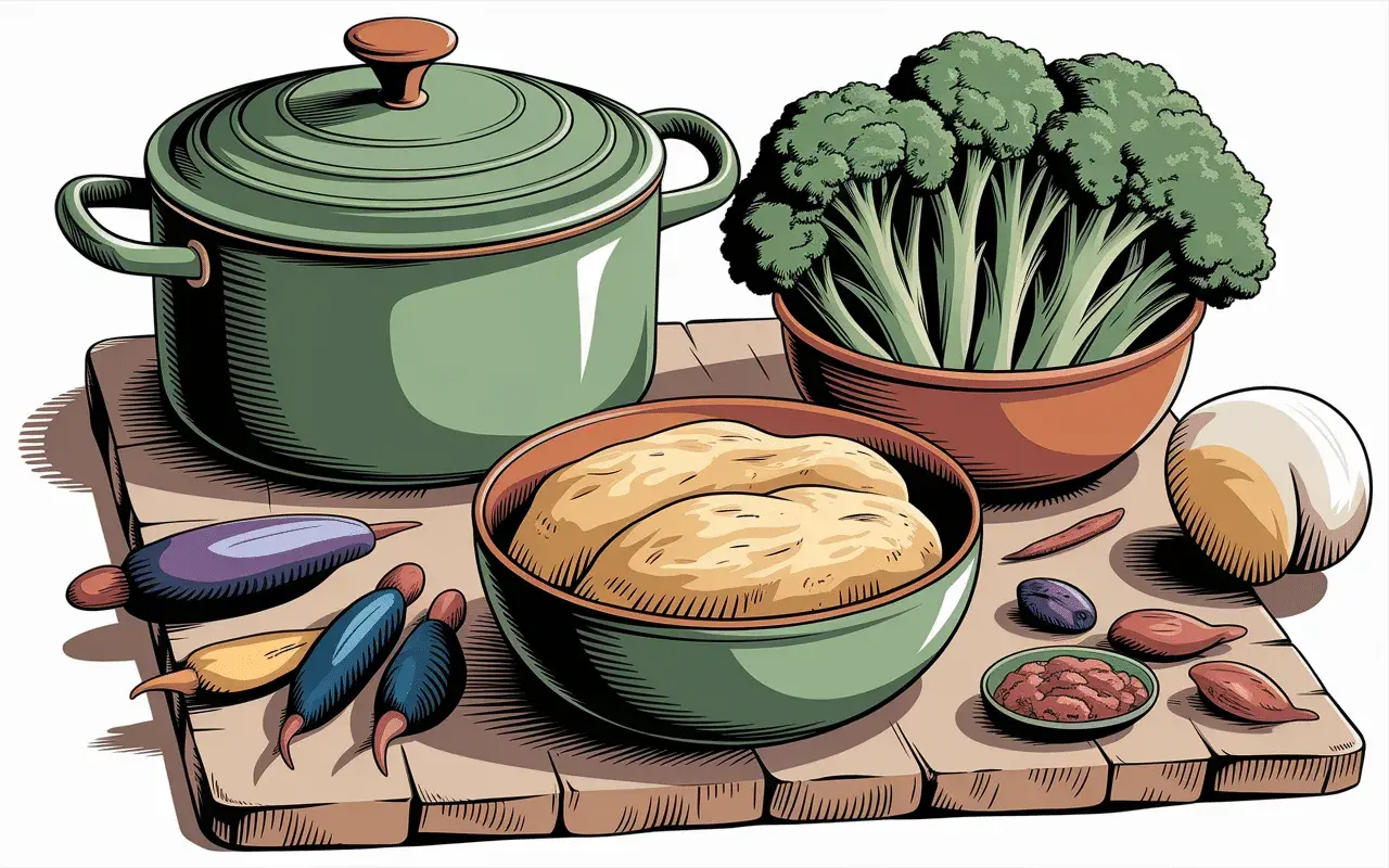 Préparation des pâtes aux brocolis à la sicilienne : brocolis frais, pâtes, aubergines, piments et une cocotte.