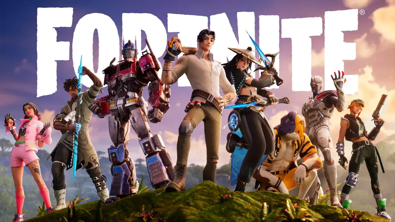 Postacie z Fortnite, w tym Optimus Prime, na tle logo gry. Zastanawiasz się, ile waży Fortnite? To zależy od aktualizacji, ale zawsze warto mieć wolne miejsce na dysku!