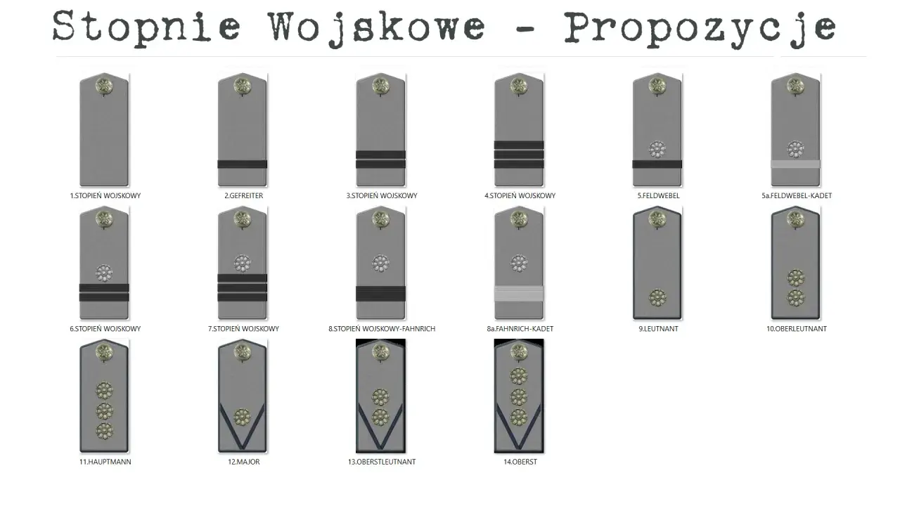 Zlikwidowane stopnie wojskowe: od szeregowego do obersta, z oznaczeniami i nazwami.