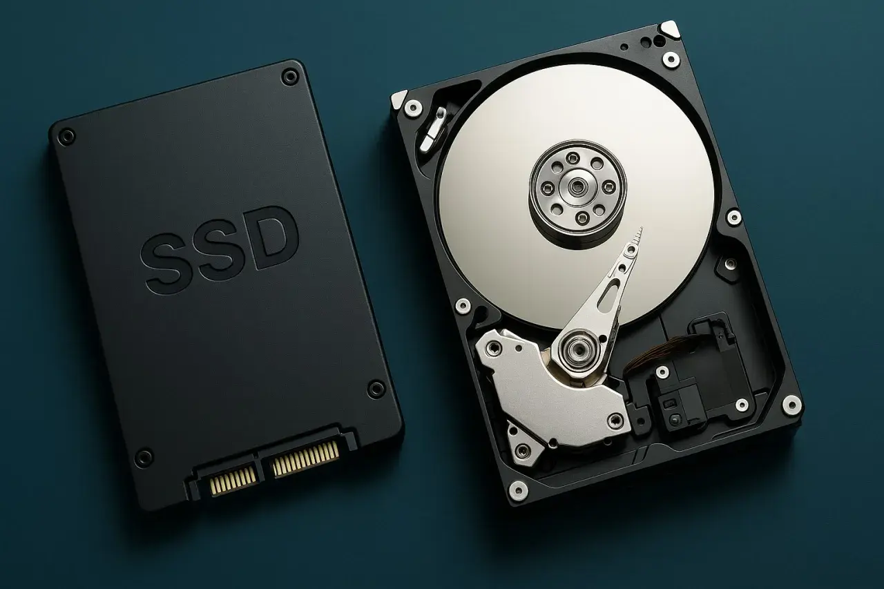 Comparativa de dos tipos de disco duro: un SSD negro y un disco duro mecánico abierto mostrando sus platos.