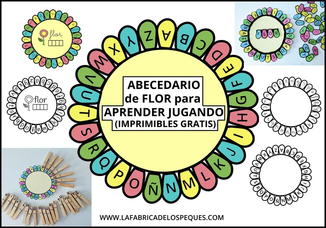 Abecedario de flor para aprender jugando. Letras del alfabeto en pétalos de flor, ideal para el invierno.