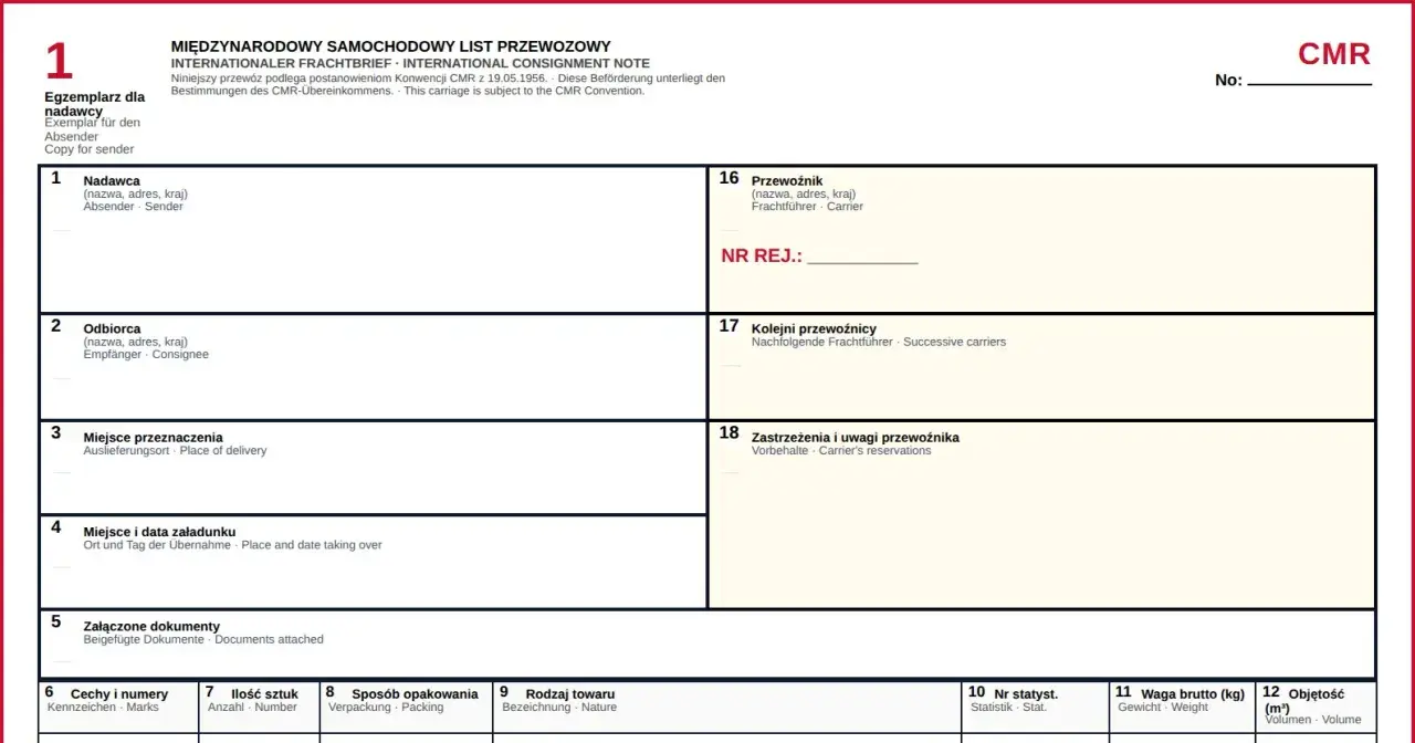 Międzynarodowy list przewozowy CMR z polami do wypełnienia danych nadawcy, odbiorcy, przewoźnika i szczegółów przesyłki.
