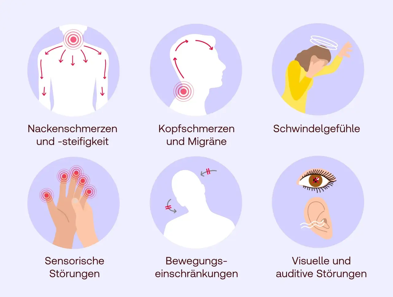 Nackenschmerzen und Steifigkeit, Kopfschmerzen, Schwindel, sensorische Störungen, Bewegungseinschränkungen, visuelle/auditive Störungen – mögliche Symptome bei Histaminintoleranz.