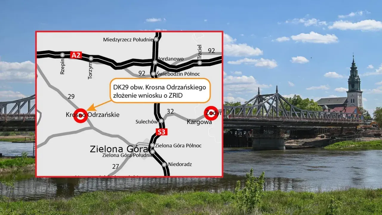 Mapa drogowa z zaznaczonym Krosnem Odrzańskim i informacją o DK29. Obok most w budowie i wieża kościelna. Sprawdź krosno odrzańskie pogoda na 10 dni.