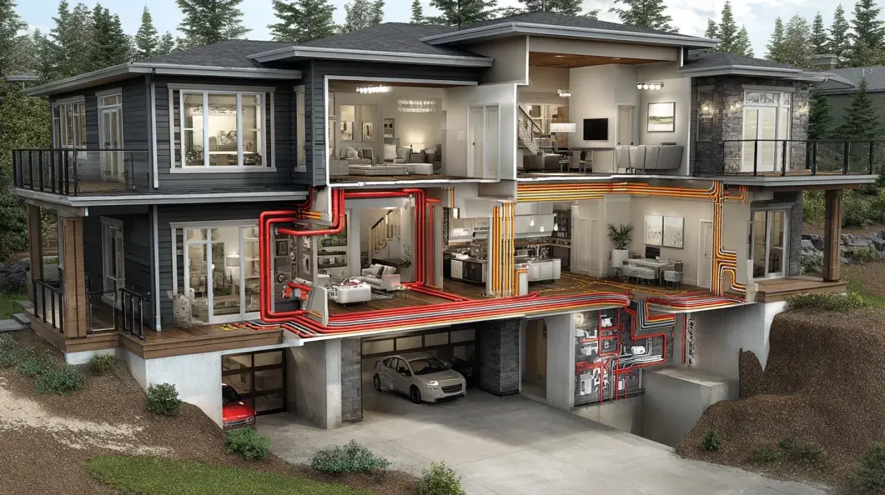 Genomskärning av ett modernt hus som visar ventilationssystemet med röd och orange utgående luft som distribueras genom väggar och golv.
