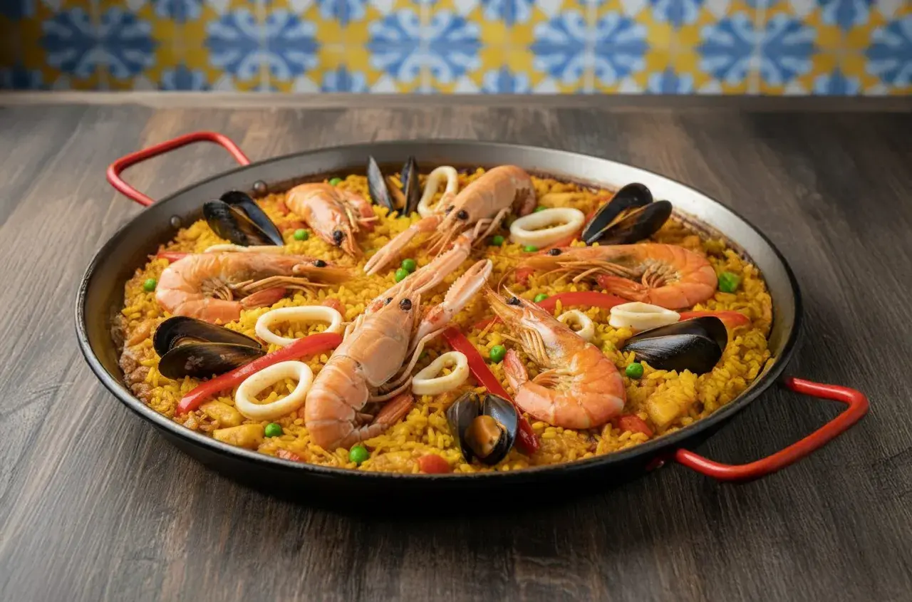 Paella de marisco, un plato principal perfecto para cualquier ocasión. Este paella recept incluye gambas, mejillones, calamares y pimientos.