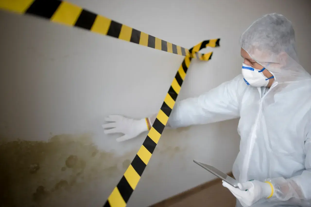 Mann in Schutzanzug untersucht Wand mit Schimmel, der muffiger Geruch nach Wasserschaden verursacht. Warnband markiert den Bereich.