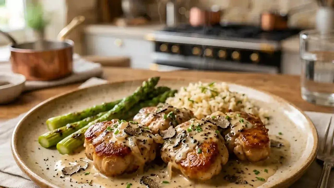 Délicieux ris de veau poêlés, nappés d'une sauce crémeuse aux truffes, accompagnés d'asperges vertes et d'un riz pilaf.