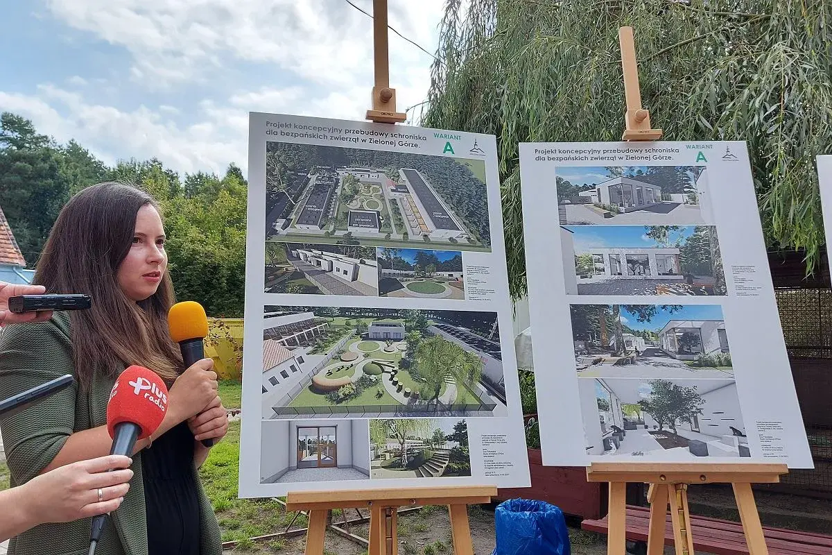 Kobieta z mikrofonami prezentuje projekty architektoniczne schroniska dla zwierząt w Zielonej Górze.