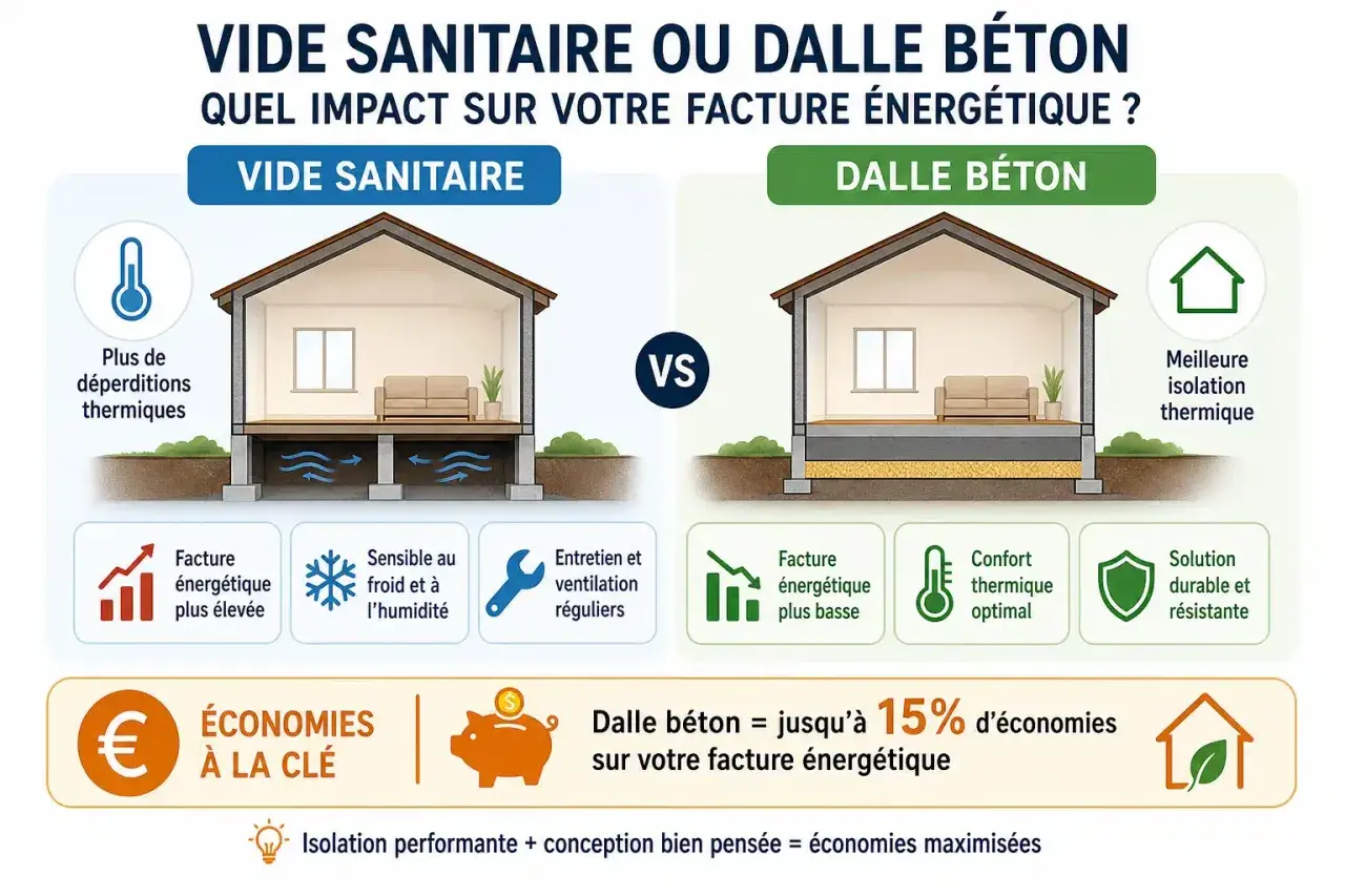 Comparaison entre vide sanitaire et dalle béton. Le vide sanitaire entraîne plus de déperditions thermiques, tandis que la dalle béton offre une meilleure isolation et des économies.