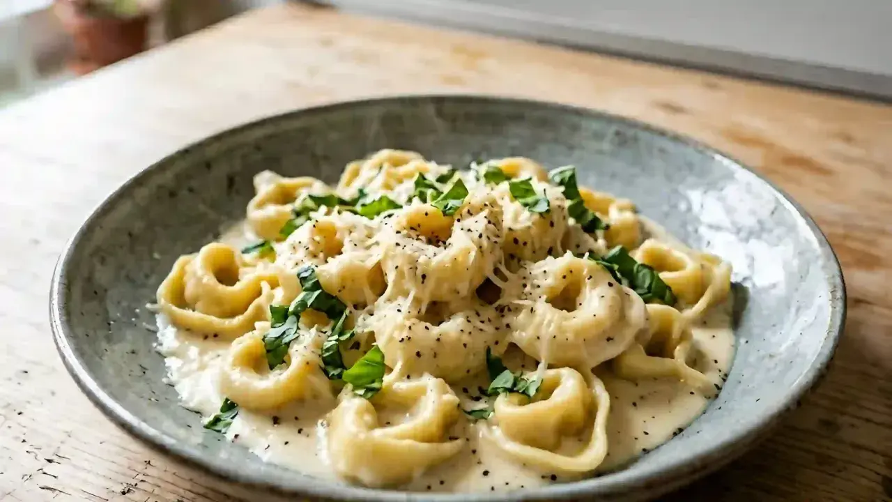 Tortellinis onctueux nappés d'une sauce mascarpone pour pâtes, parsemés de parmesan râpé et de basilic frais.