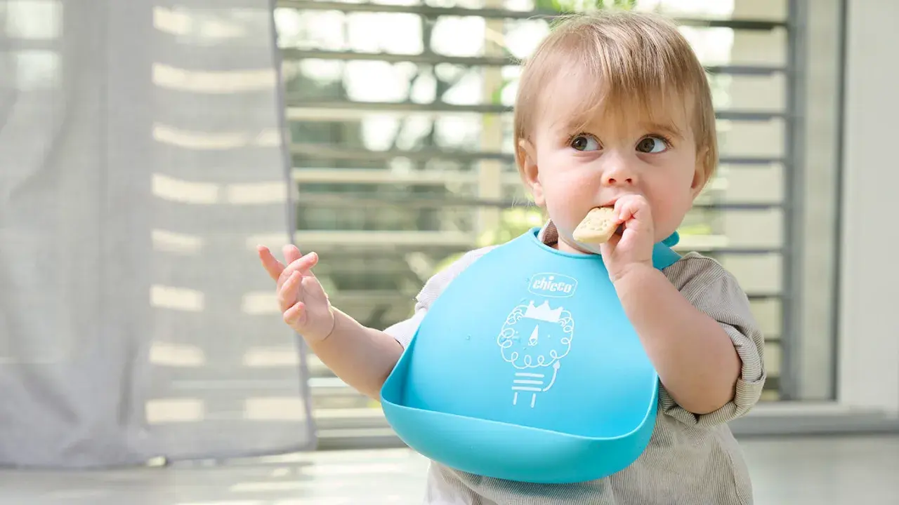 Bambino con bavaglino blu che mangia un biscotto, un esempio di autosvezzamento come funziona.