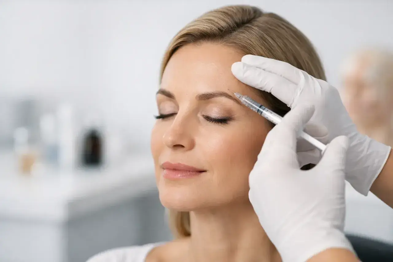 En kvinna får botox i pannan. Hon ser avslappnad ut.