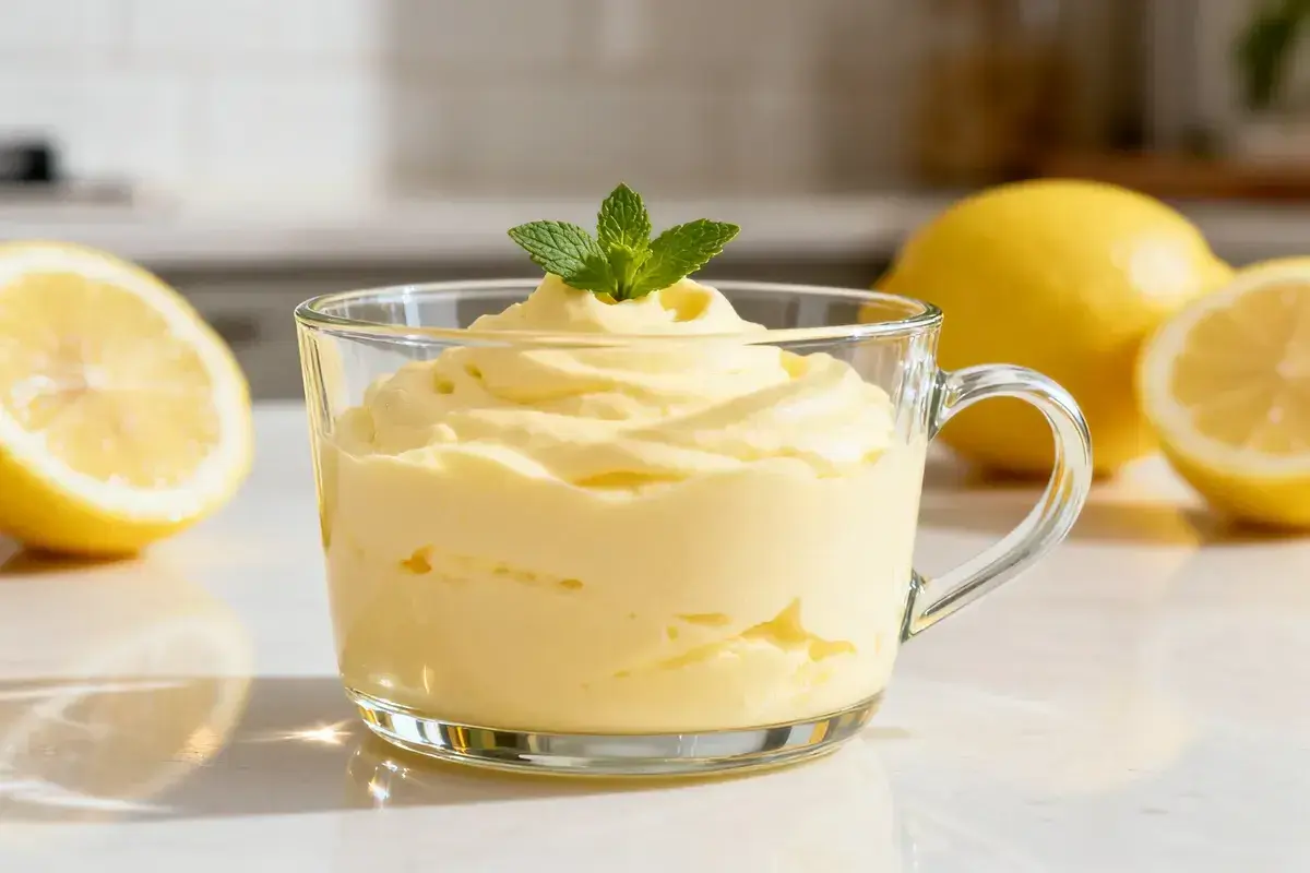 Morbida mousse al limone in una tazza di vetro, guarnita con menta fresca. Limoni interi e tagliati sullo sfondo.