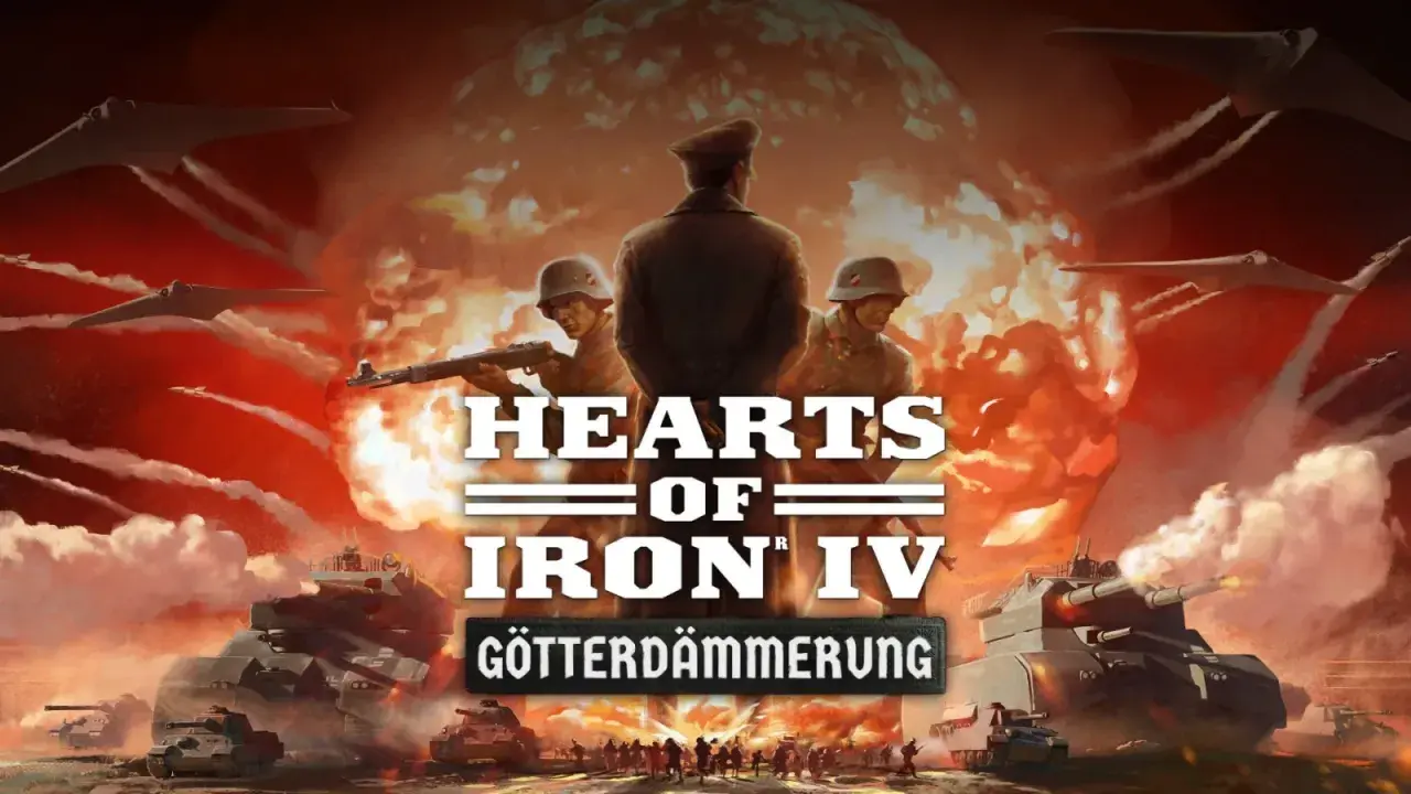 Żołnierze i czołgi w tle wybuchu atomowego, nad nimi latają futurystyczne samoloty. Tytuł gry: Hearts of Iron IV.