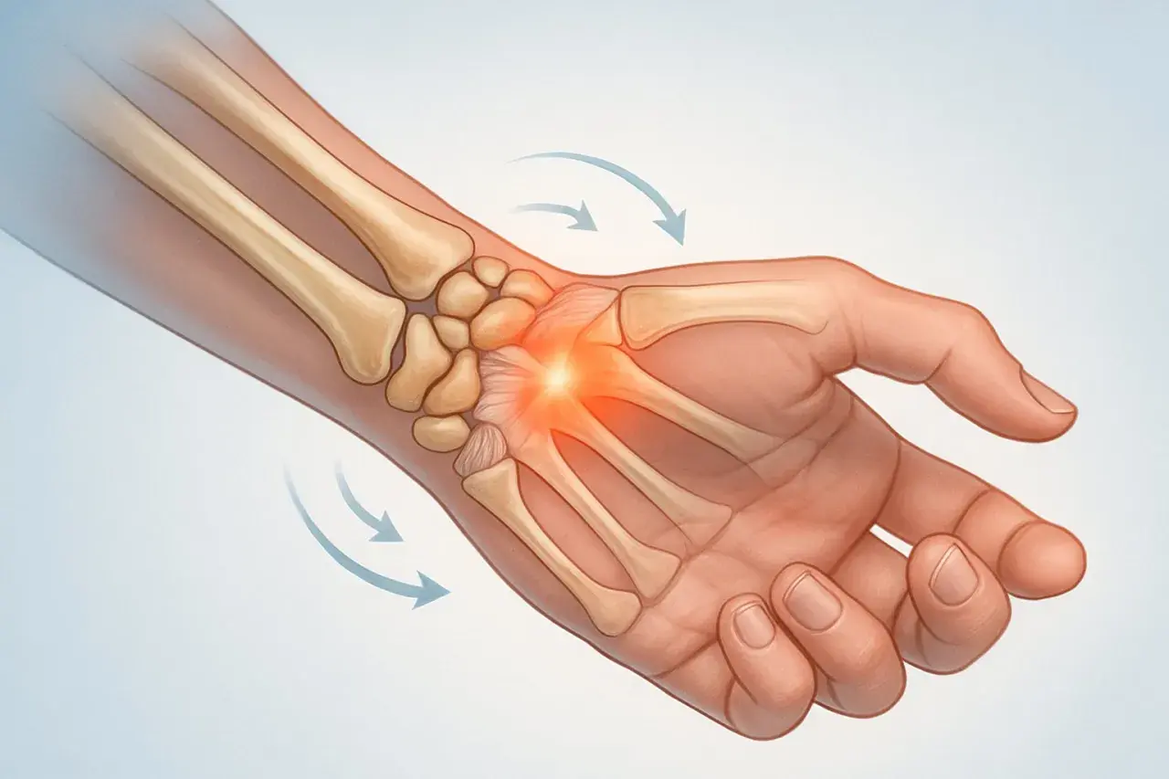 Illustration av handledens ben med inflammation. Pilarna visar rörelse, vilket kan vara en handsvett orsak.
