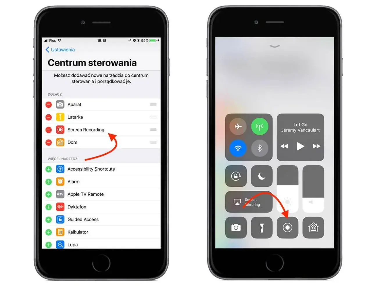 iPhone z włączonym nagrywaniem ekranu. Na lewym ekranie widać ustawienia Centrum sterowania, gdzie zaznaczono "Screen Recording". Prawy ekran pokazuje Centrum sterowania z aktywną funkcją nagrywania.
