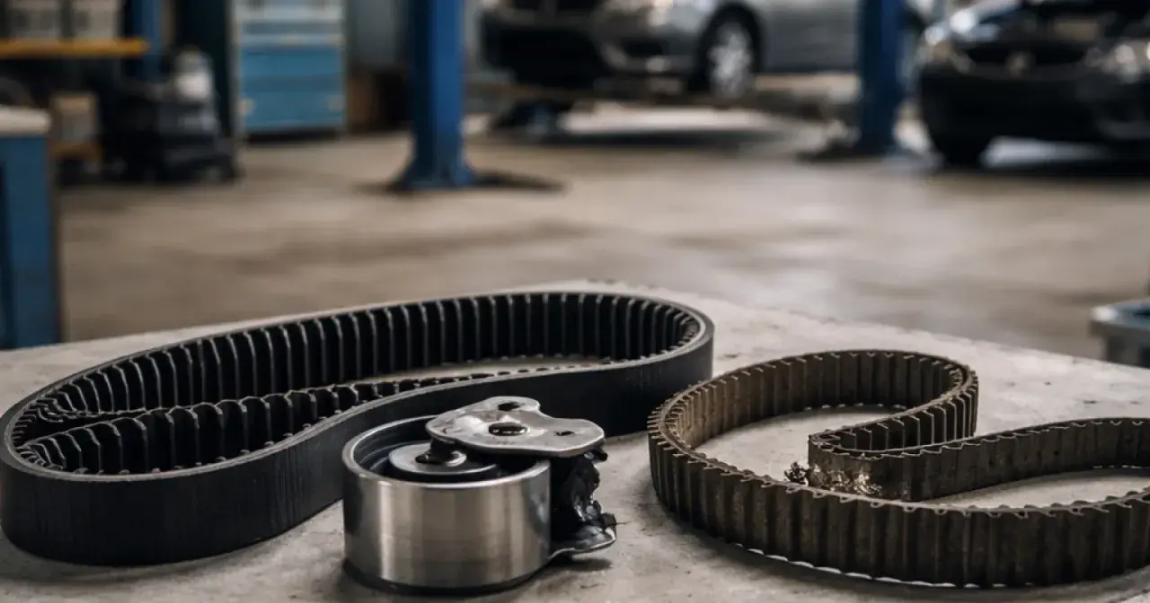 Deux courroies de distribution et un galet tendeur, prêts pour une kit distribution dans un atelier automobile.