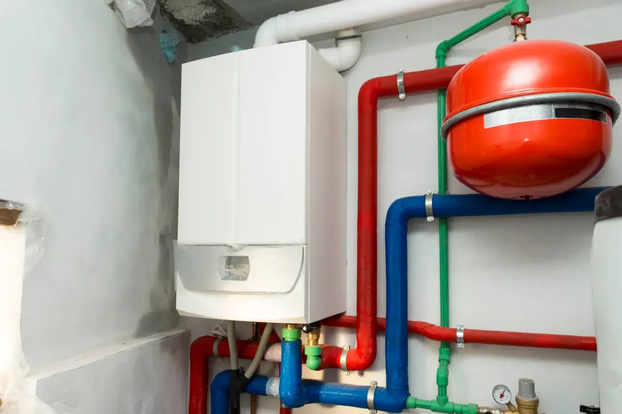 Biały piec gazowy podłączenie do instalacji grzewczej z czerwonymi i niebieskimi rurami oraz czerwonym zasobnikiem.