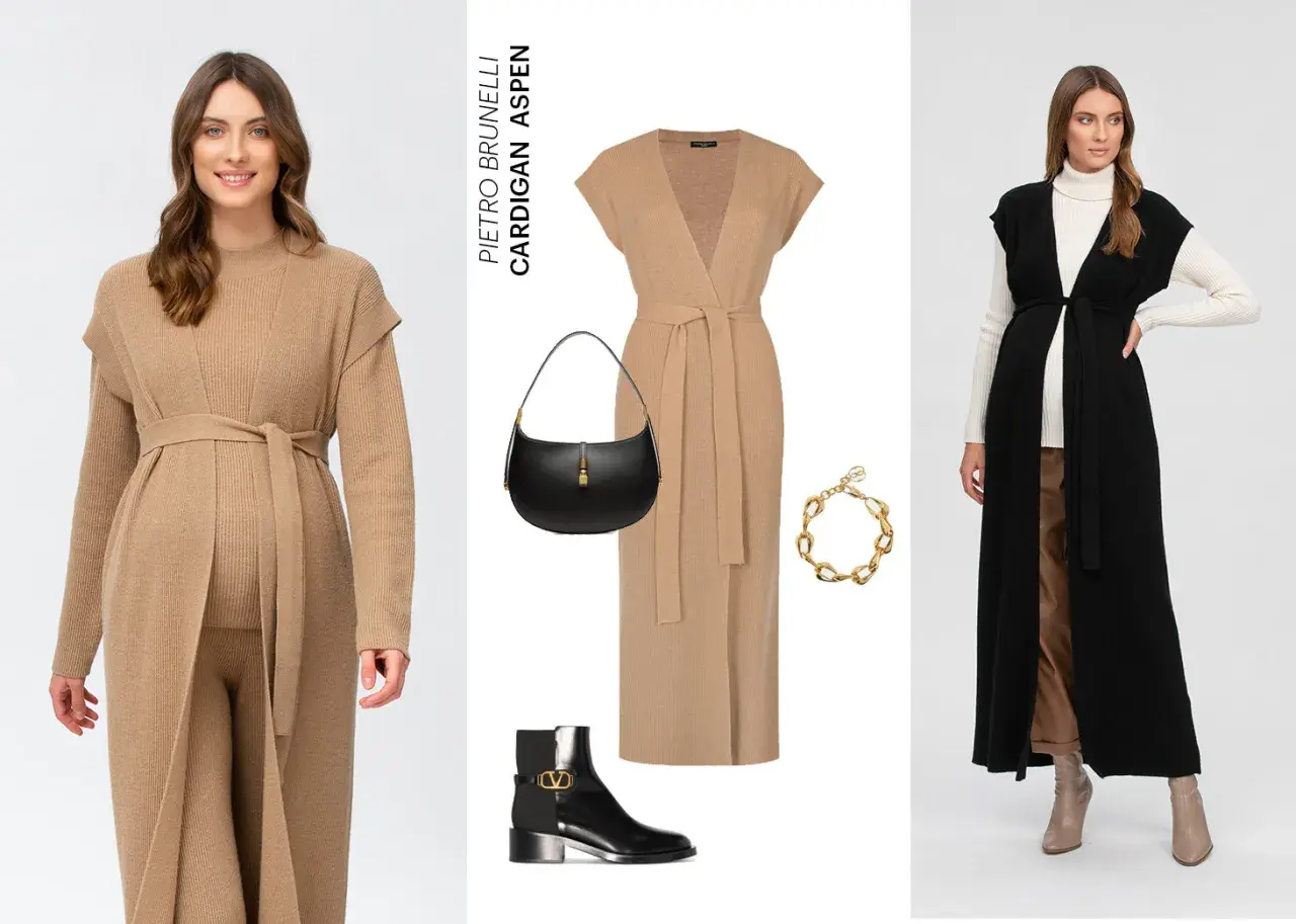 Moda comoda e chic per chi cerca come vestirsi dopo il parto: cardigan lunghi, abiti morbidi, stivali e borsa.