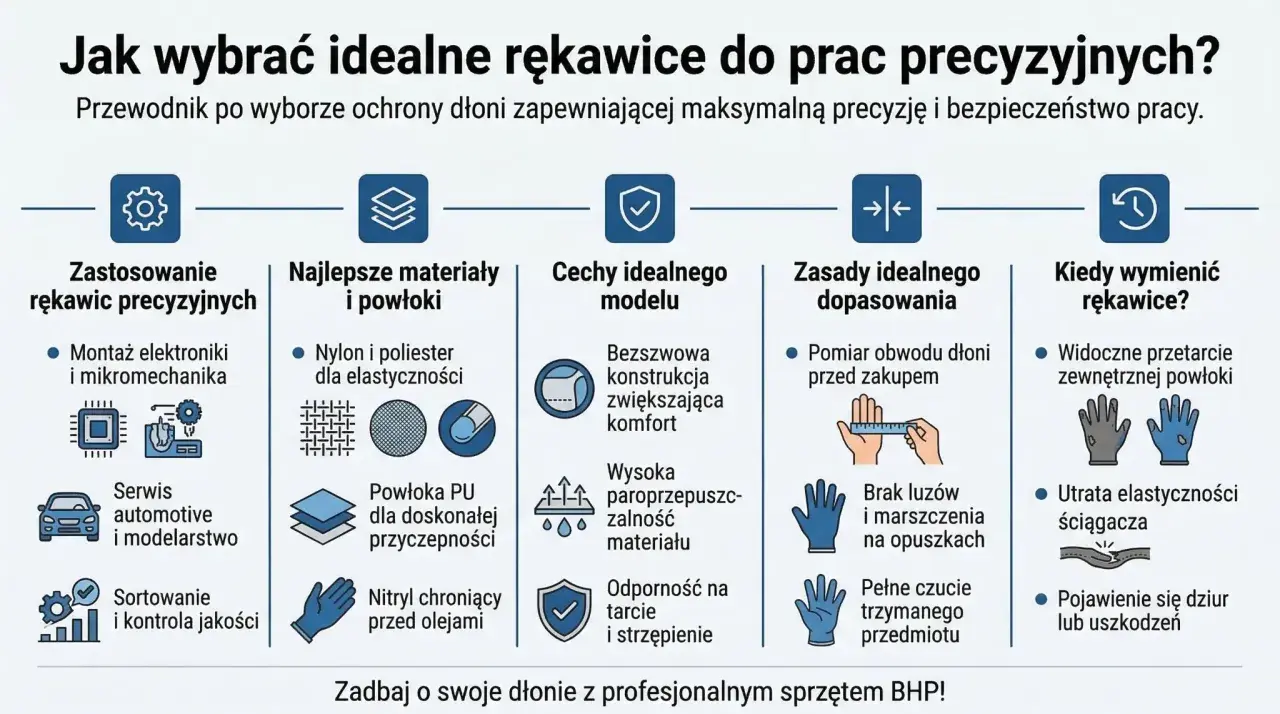 Przewodnik po wyborze rękawic do prac precyzyjnych: zastosowanie, materiały, cechy, dopasowanie i kiedy wymienić. Idealne rękawice do szlifowania zapewnią komfort i bezpieczeństwo.