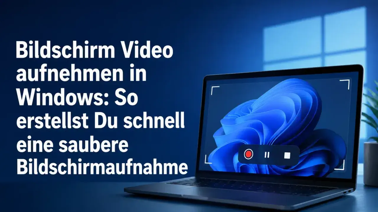 Laptop mit Windows-Oberfläche zeigt eine Bildschirmaufnahme mit Aufnahmesymbol.