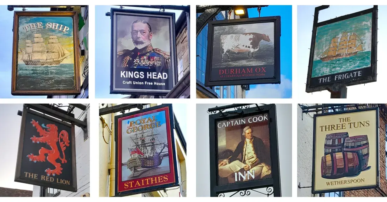 Carteles de pubs con nombres ingleses antiguos elegantes: The Ship, Kings Head, Durham Ox, The Frigate, The Red Lion, Royal George, Captain Cook, The Three Tuns.
