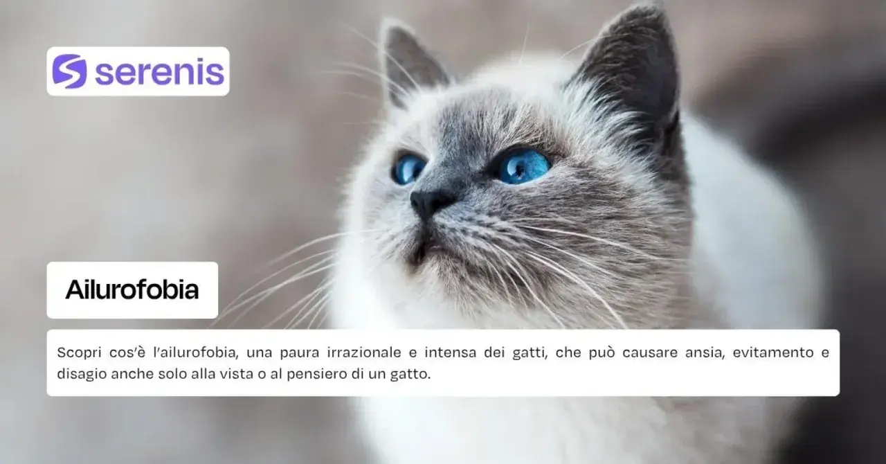 Un gatto dagli occhi blu intenso, con il testo "Ailurofobia" e la descrizione di questa paura dei gatti.