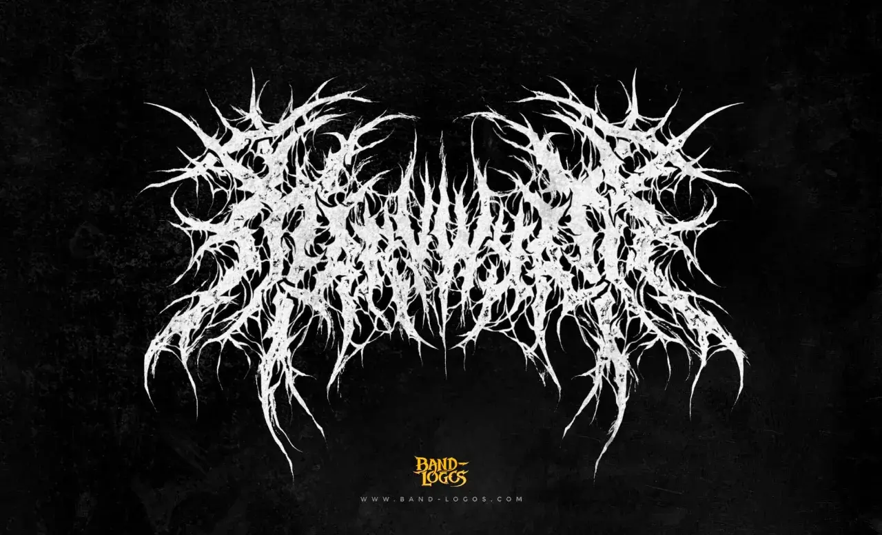 Białe, postrzępione logo zespołu w stylu black metal, przypominające korzenie lub ciernie, na czarnym, teksturowanym tle.