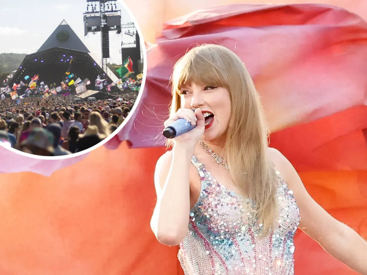 Taylor Swift singing on stage at Glastonbury festival with a large crowd and pyramid stage in the background.