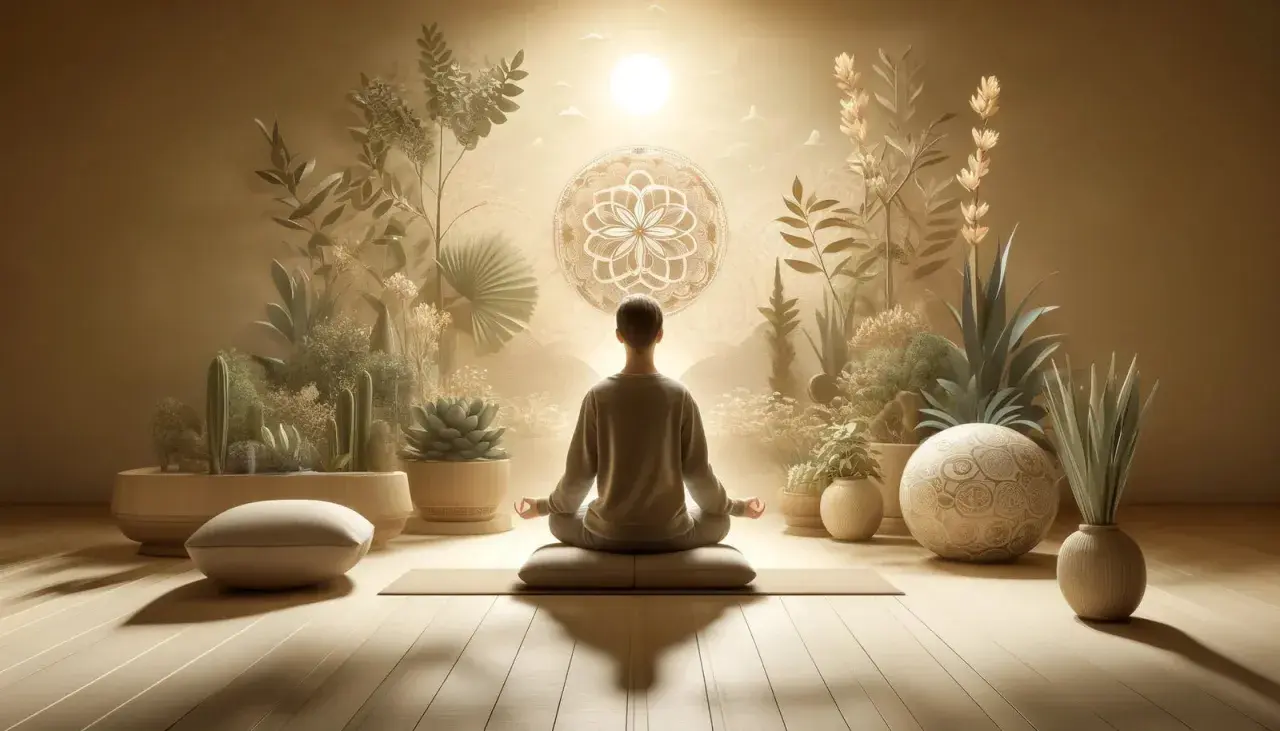 Personne en posture de lotus, entourée de plantes, méditant avec un mantra. Lumière douce, ambiance sereine.
