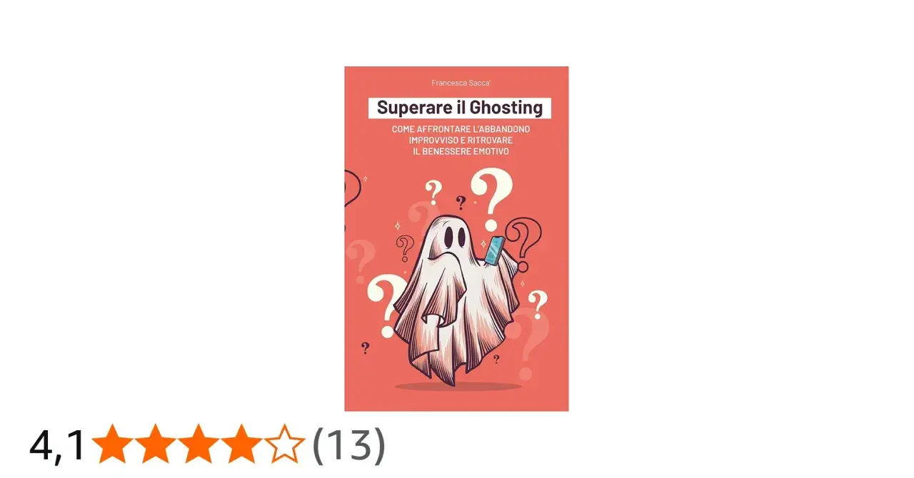 Copertina libro "Superare il Ghosting": un fantasma confuso con uno smartphone, circondato da punti interrogativi. Spiega il ghosting significato.